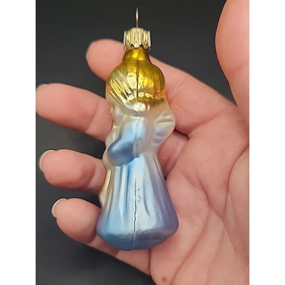 Vintage Blown Glass German Christmas Ornamemt Little Angel In Blue Silver & Gold